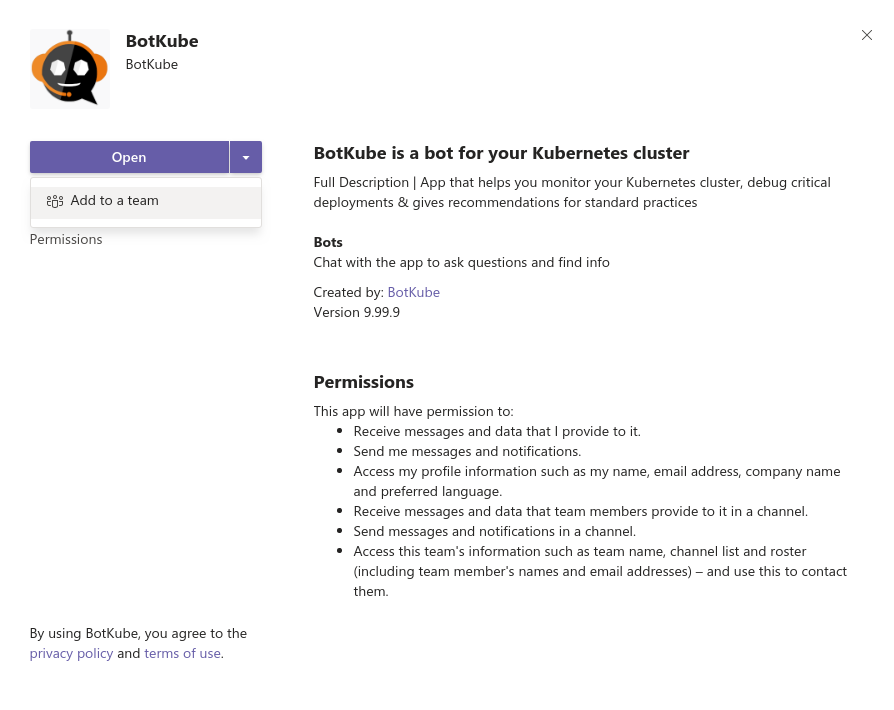 Teams BotKube add to teams