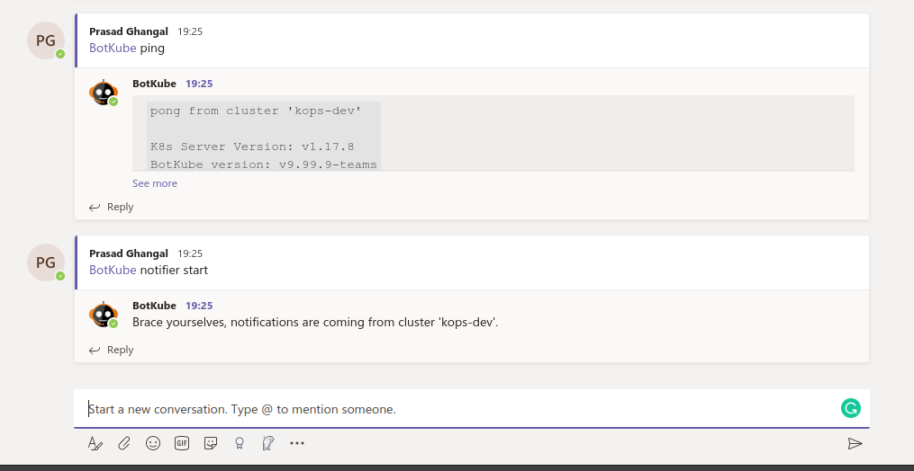 Teams BotKube ping